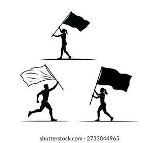 Three black silhouettes of people running with flags against a white background