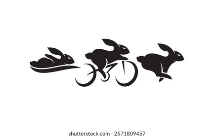 Three black silhouettes of rabbits sledding, cycling, and running