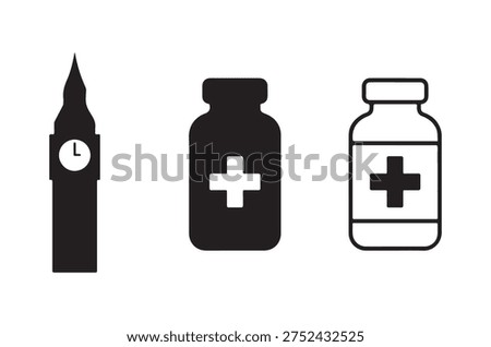 Three black silhouettes representing london’s big ben, a medicine bottle, and a vial.