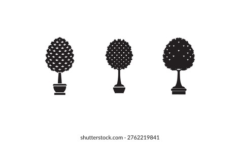 Three black silhouettes of trees in pots with varying foliage densities against a white background tree silhouettes for design and decoration
