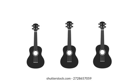 Three black silhouettes of ukuleles or small guitars are arranged side by side in a minimalist musical instrument design.