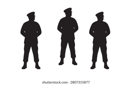 Three black silhouettes of uniformed men standing, resembling police officers or security personnel, conveying a sense of vigilance and authority.