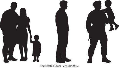 Tres siluetas negras son visibles: un soldado de pie sosteniendo a un niño, un solo hombre de pie y un hombre, una mujer y un niño tomados de la mano, todo contra un fondo transparente.
