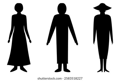 Three black silhouettes of women in dresses. Vector illustration.