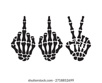 Tres gestos negros de la mano del esqueleto en el signo de la paz del dedo medio del fondo blanco