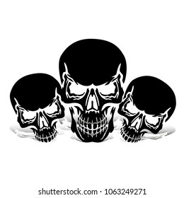 Three black skulls, silhouette with shadow, on white background, vector