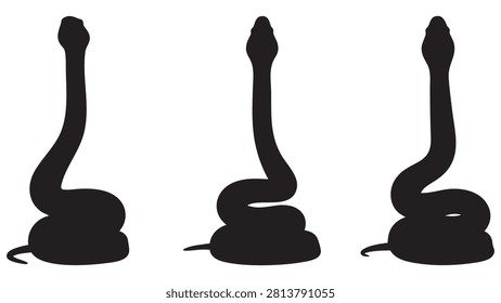 Three black snake silhouettes are shown against a white background each in a different coiled position.