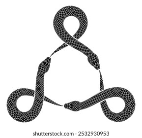 Tres serpientes negras muerden colas en forma de nudo triquetra. Ilustración de símbolo de ouroboros triangular. Diseño del tatuaje de la serpiente del Vector aislado en el fondo blanco.