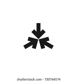 Three black squared arrows point to the center. Triple Collide Arrows icon. Merge Directions icon. Vector illustration. Isolated on white. back and white