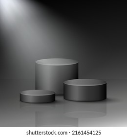 Three black stages with bright lightening. 3d rendering big, medium and small platforms. Vector modern pedestal template for product presentation or podiums for trophy. Scene, dais, showcase mockup.