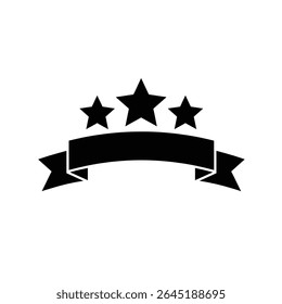 Three black star silhouettes positioned above a black ribbon banner against a white background The image is a simple vector graphic