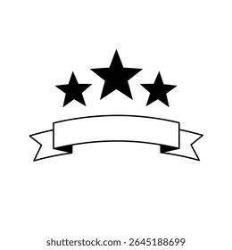 Three black star silhouettes positioned above a simple black ribbon banner on a white background. The style is minimalist and graphic.