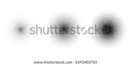 Three black stipple noise vector dots or textured grain effect circles creating abstract design elements for graphic overlay or artwork.