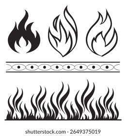 Three black stylized flame graphics and a decorative border with oval shapes and dots on a white background.