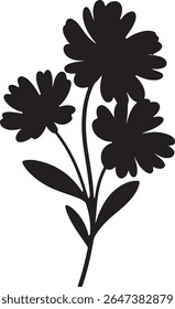 Three black stylized flower silhouettes with leaves against a white background. Simple, minimalist style. The image features a dark floral motif.
