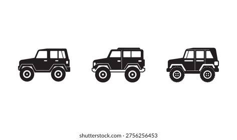 Three black SUV silhouettes in different angles on white background side views of jeeps