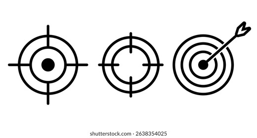 Três alvos pretos com uma flecha atingindo o alvo. Ideal para representar sucesso, precisão, desempenho, concorrência e atingir metas.
