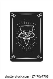 Three black tarot card with free mason eye. Magic occult tarot card. Engraving vector illustration. Cards isolated on white background for poster, sticker, template.