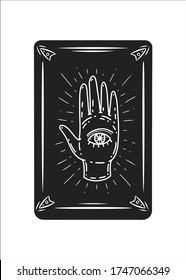 Three black tarot card. Magic occult tarot card with palm and eye. Engraving vector illustration. Cards isolated on white background for poster, sticker, template.