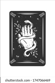 Three black tarot card. Magic occult tarot card with palm hand with snake. Engraving vector illustration. Cards isolated on white background for poster, sticker, template.