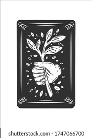 Three black tarot card. Magic occult tarot card with palm with plant. Engraving vector illustration. Cards isolated on white background for poster, sticker, template.