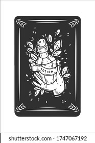 Three black tarot card. Magic occult tarot card potion in hand. Engraving vector illustration. Cards isolated on white background for poster, sticker, template.