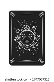 Three black tarot card with sun. Magic occult tarot card. Engraving vector illustration. Cards isolated on white background for poster, sticker, template.