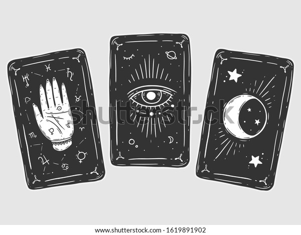 Three black tarot cards. Magic occult\
set of tarot cards. Engraving vector illustration. Cards isolated\
on white background for poster, sticker,\
template.