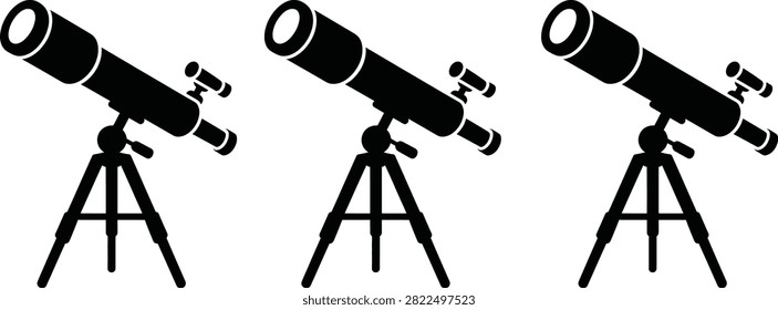 Three black telescopes on tripods for stargazing