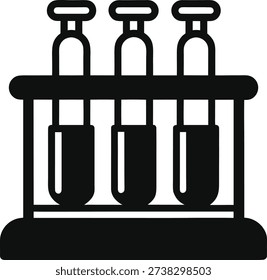 Three black test tubes in a metal rack on a flat surface laboratory science white