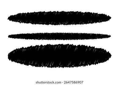 Three black, textured oval shapes are arranged vertically against a white background.