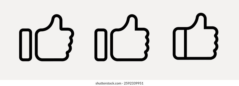 Three black thumbs-up icons in a row. Thumbs-up symbols represent approval. Simple thumbs-up design for positive feedback. Thumbs-up for agreement. User interface icons, UI icon vector set.