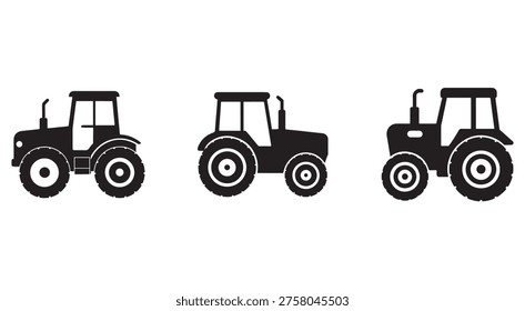 Three black tractors in different angles for agriculture and farming isolated on white background
