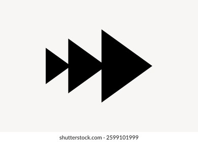 Three black triangles form a right-pointing arrow. The arrow symbolizes direction, movement, and progress. Triangles create a dynamic, forward-moving arrow. Isolated vector element.