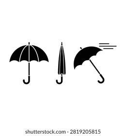 Three black umbrella icons, one open, one closed, and one in windy conditions