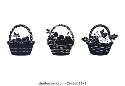 Three black vector icons showcase baskets overflowing with various fruits, offering a simple, elegant design element on a clean, white background for diverse applications.