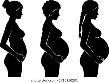 Three black vector silhouettes of pregnant women (different hairstylesethnicities) in profile, holding their pregnant bellies. Maternity and diversity