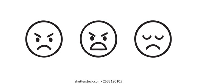 Three black and white angry and sad faces on white background