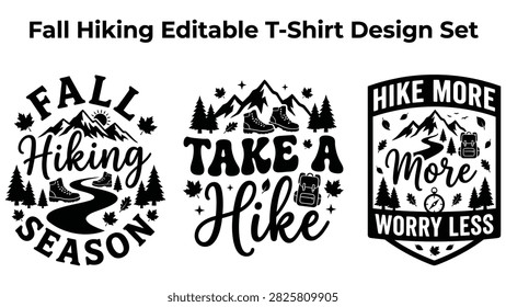 Three black and white for apparel featuring hiking themes, mountain peaks, winding trails, and outdoor gear