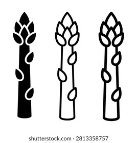 Three black and white asparagus vegetable icons set