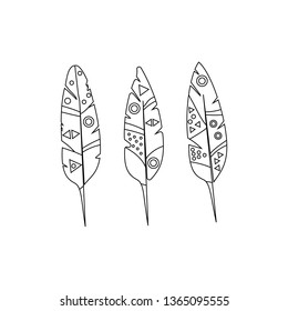 Three black and white bird feathers on white background