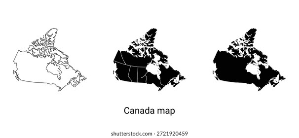 Tres mapas de Canadá en blanco y negro en diferentes estilos se muestran uno al lado del otro sobre un fondo blanco, cada uno con sombreado y Elementos de diseño únicos, proporcionando una comparación visual