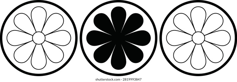 Three black and white car wheel hubcap designs