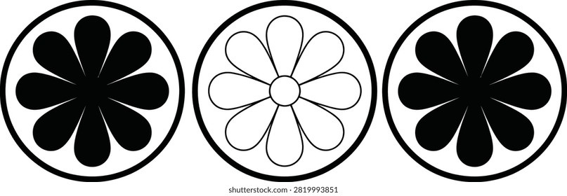 Three black and white car wheel hubcap designs