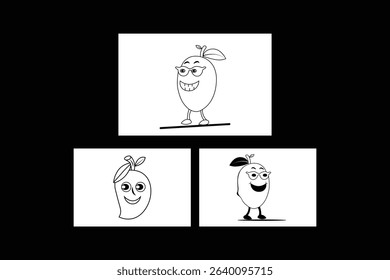 Three black and white cartoon mangoes with different expressions, one wearing glasses, isolated on a black background.