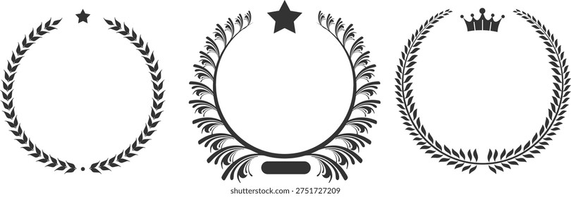 Three black and white circular floral wreath designs with star and crown motifs