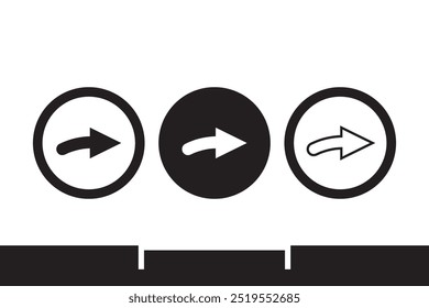 Three black and white circular icons, each containing a right-facing arrow with different designs, representing directional symbols in a minimalist style on a white background.