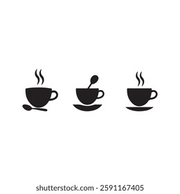 Three black and white coffee cup silhouettes with steam.Simple silhouettes of three coffee cups and saucers, one with a spoon inside, another with steam rising, and another with steam and a spoon.