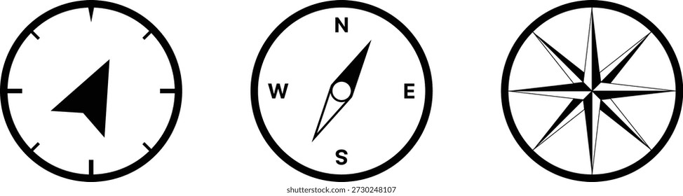 Three black and white compass with directional markers and a wind rose navigation north south
