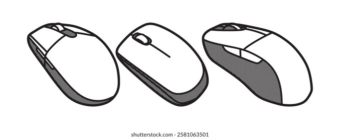 three black and white computer mouse images slanted up left